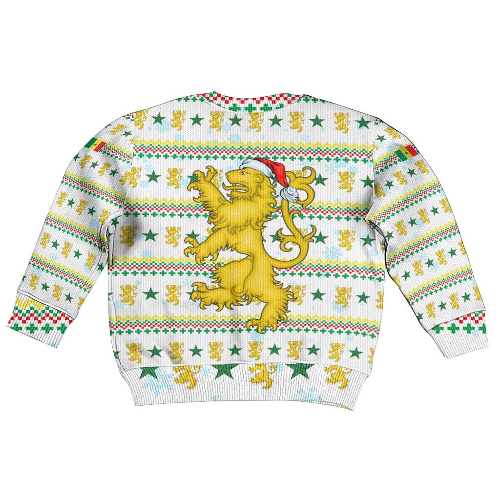 Senegal Christmas Kid Ugly Christmas Sweater with White-Green-Yellow Design, Golden Lion, and Festive Stars Motif - Wonder Print Shop