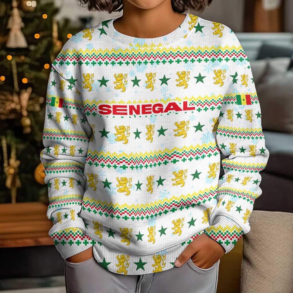 Senegal Christmas Kid Ugly Christmas Sweater with White-Green-Yellow Design, Golden Lion, and Festive Stars Motif - Wonder Print Shop