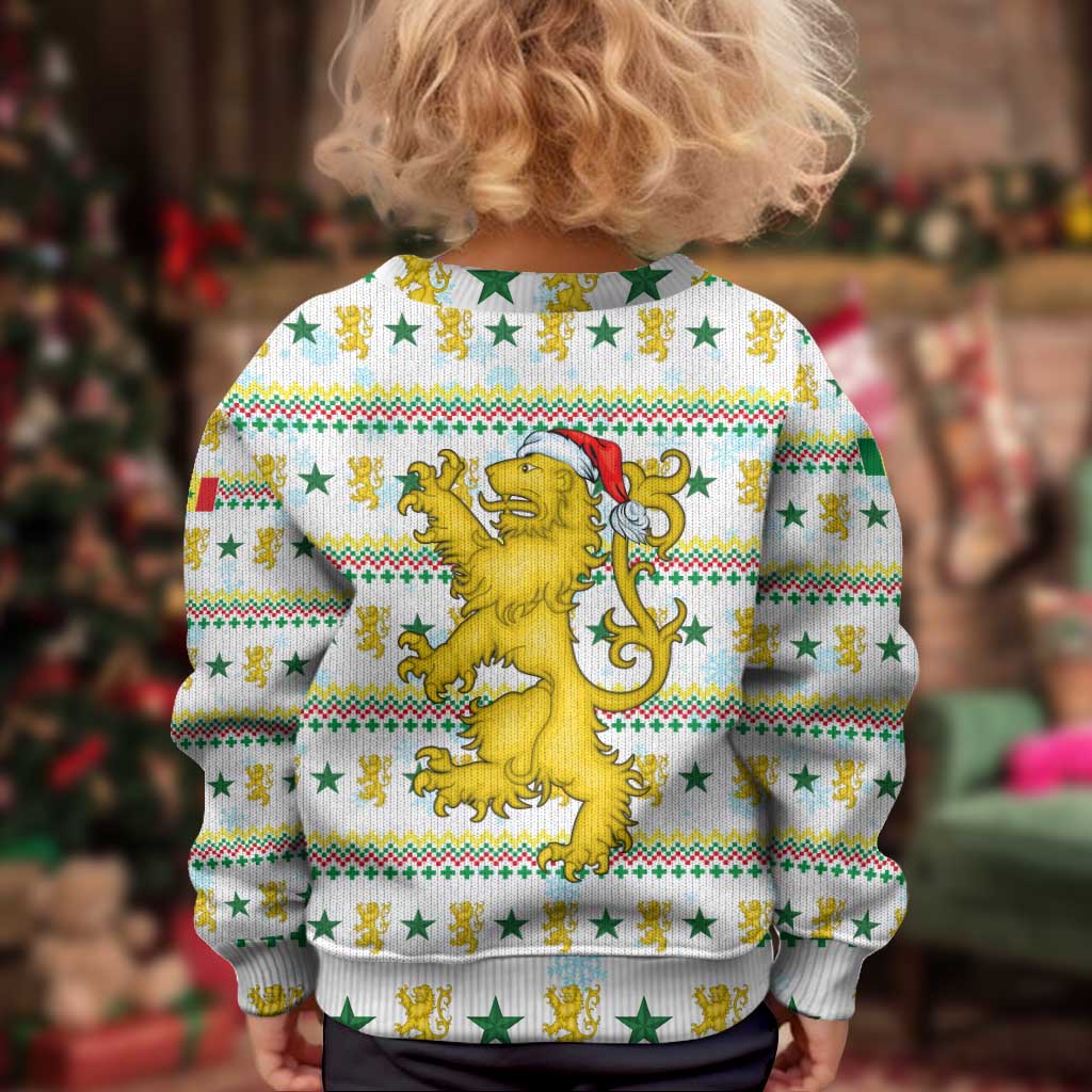 Senegal Christmas Kid Ugly Christmas Sweater with White-Green-Yellow Design, Golden Lion, and Festive Stars Motif - Wonder Print Shop