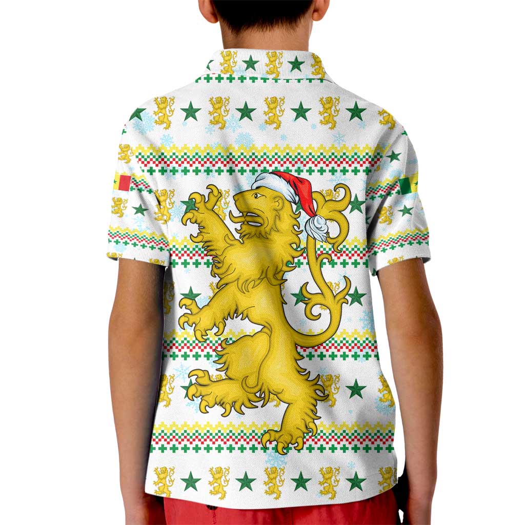 Senegal Christmas Kid Polo Shirt with White-Green-Yellow Design, Golden Lion, and Festive Stars Motif - Wonder Print Shop