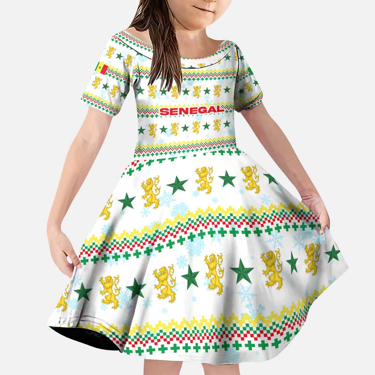 Senegal Christmas Kid Short Sleeve Dress with White-Green-Yellow Design, Golden Lion, and Festive Stars Motif - Wonder Print Shop