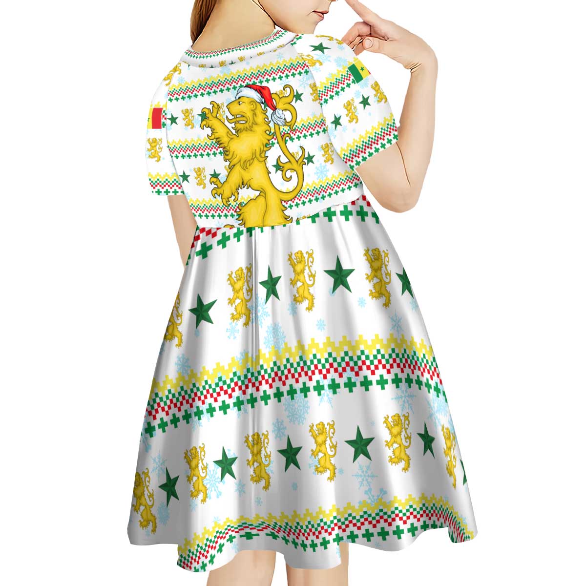 Senegal Christmas Kid Short Sleeve Dress with White-Green-Yellow Design, Golden Lion, and Festive Stars Motif - Wonder Print Shop
