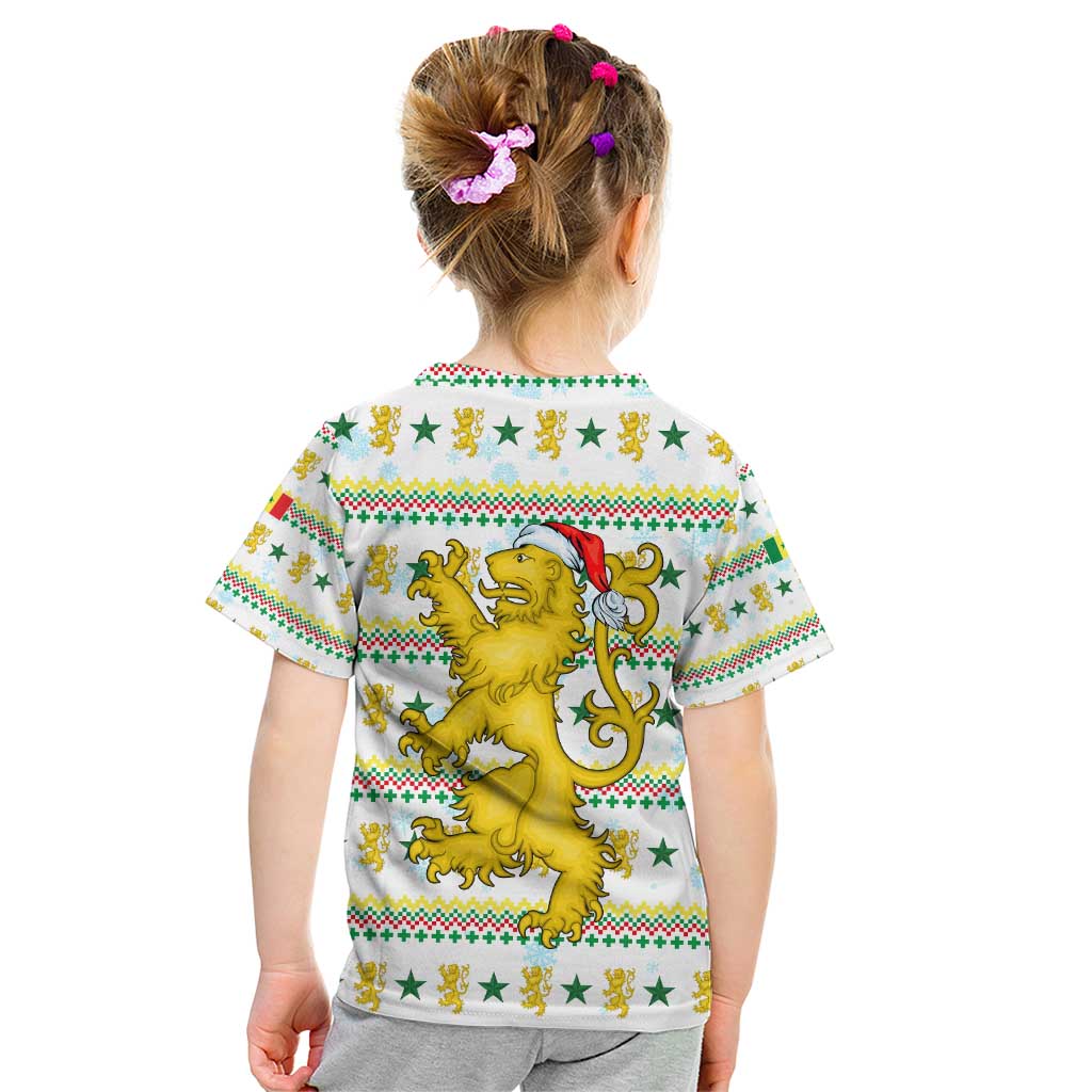 Senegal Christmas Kid T Shirt with White-Green-Yellow Design, Golden Lion, and Festive Stars Motif - Wonder Print Shop