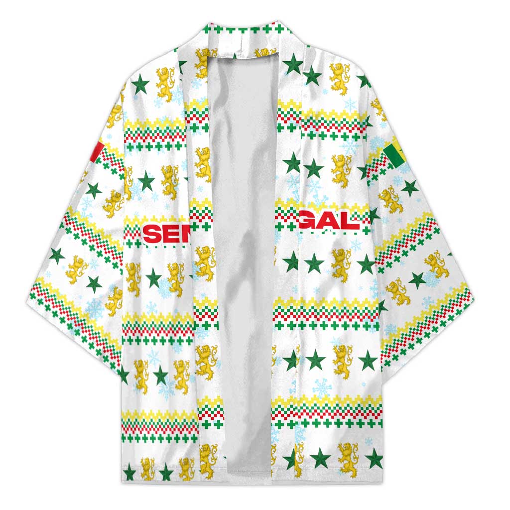 Senegal Christmas Kimono with White-Green-Yellow Design, Golden Lion, and Festive Stars Motif - Wonder Print Shop