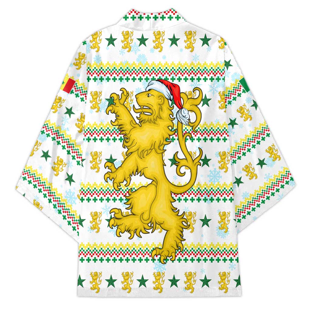Senegal Christmas Kimono with White-Green-Yellow Design, Golden Lion, and Festive Stars Motif - Wonder Print Shop