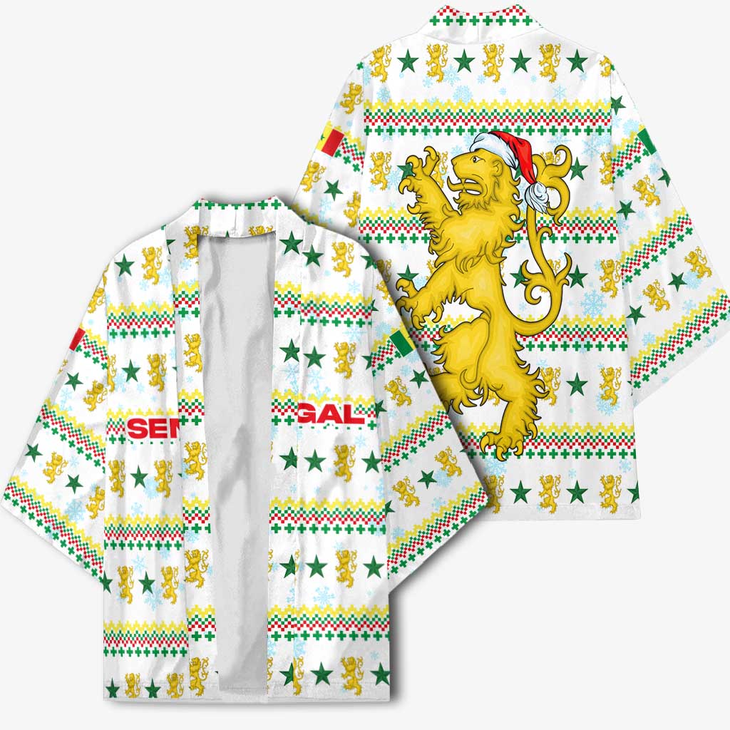 Senegal Christmas Kimono with White-Green-Yellow Design, Golden Lion, and Festive Stars Motif - Wonder Print Shop