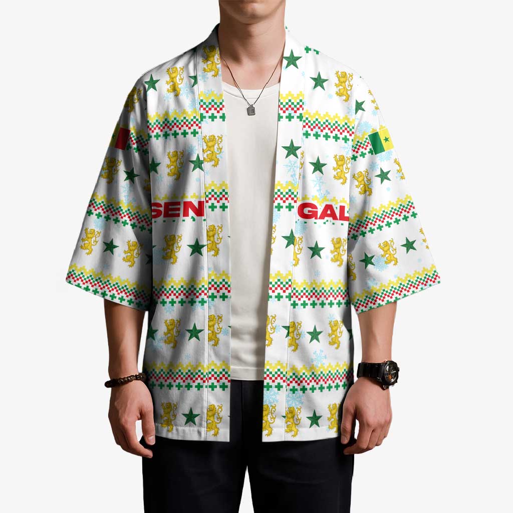 Senegal Christmas Kimono with White-Green-Yellow Design, Golden Lion, and Festive Stars Motif - Wonder Print Shop