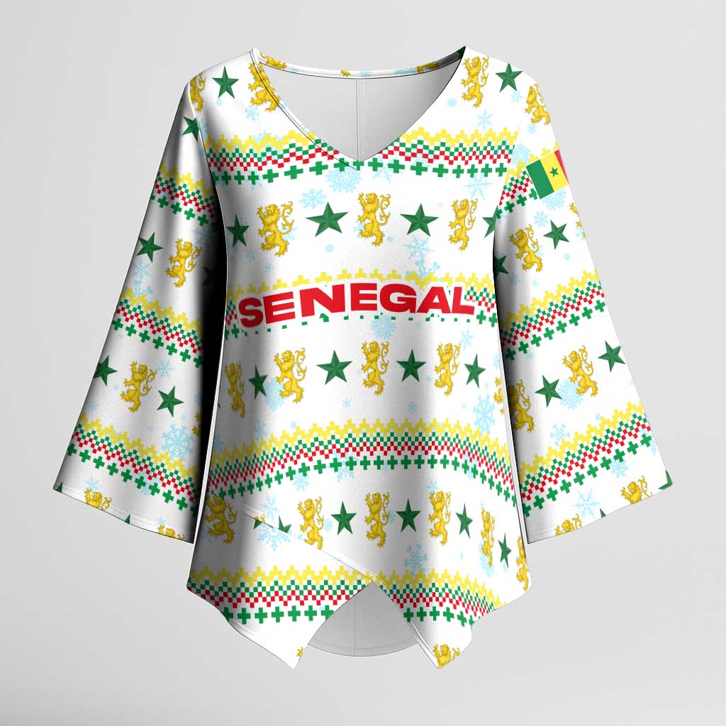 Senegal Christmas Kimono Sleeve Blouse with White-Green-Yellow Design, Golden Lion, and Festive Stars Motif - Wonder Print Shop