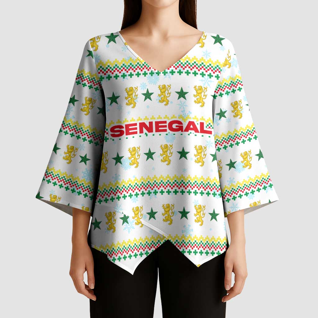 Senegal Christmas Kimono Sleeve Blouse with White-Green-Yellow Design, Golden Lion, and Festive Stars Motif - Wonder Print Shop
