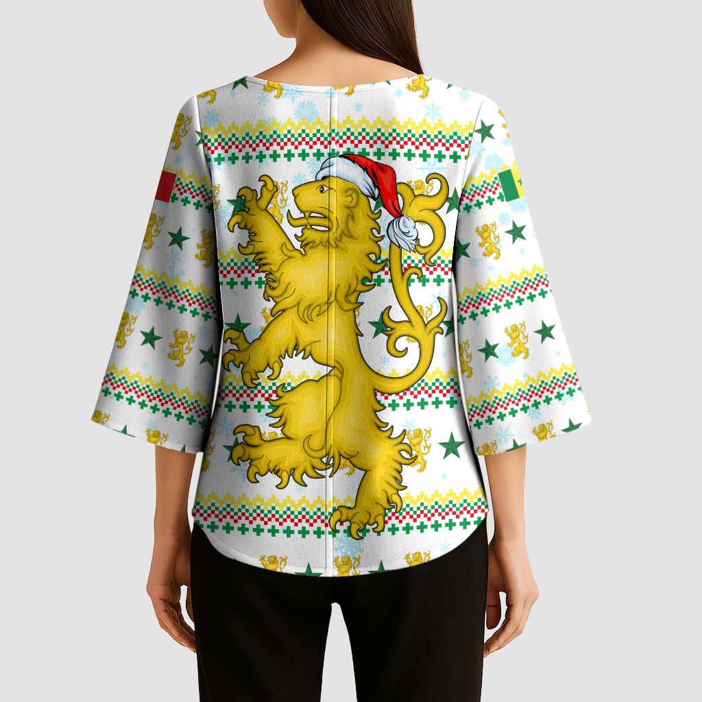 Senegal Christmas Kimono Sleeve Blouse with White-Green-Yellow Design, Golden Lion, and Festive Stars Motif - Wonder Print Shop