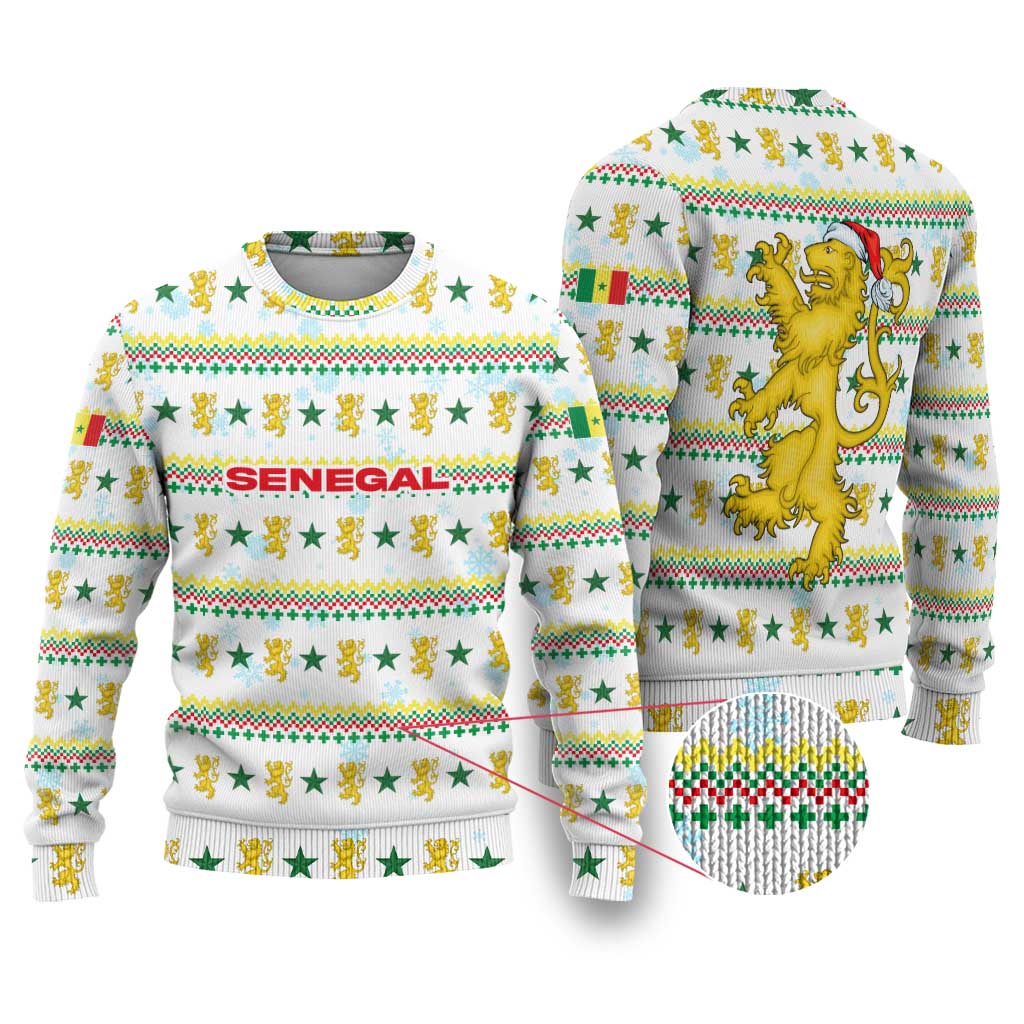 Senegal Christmas Ugly Christmas Sweater with White-Green-Yellow Design, Golden Lion, and Festive Stars Motif - Wonder Print Shop