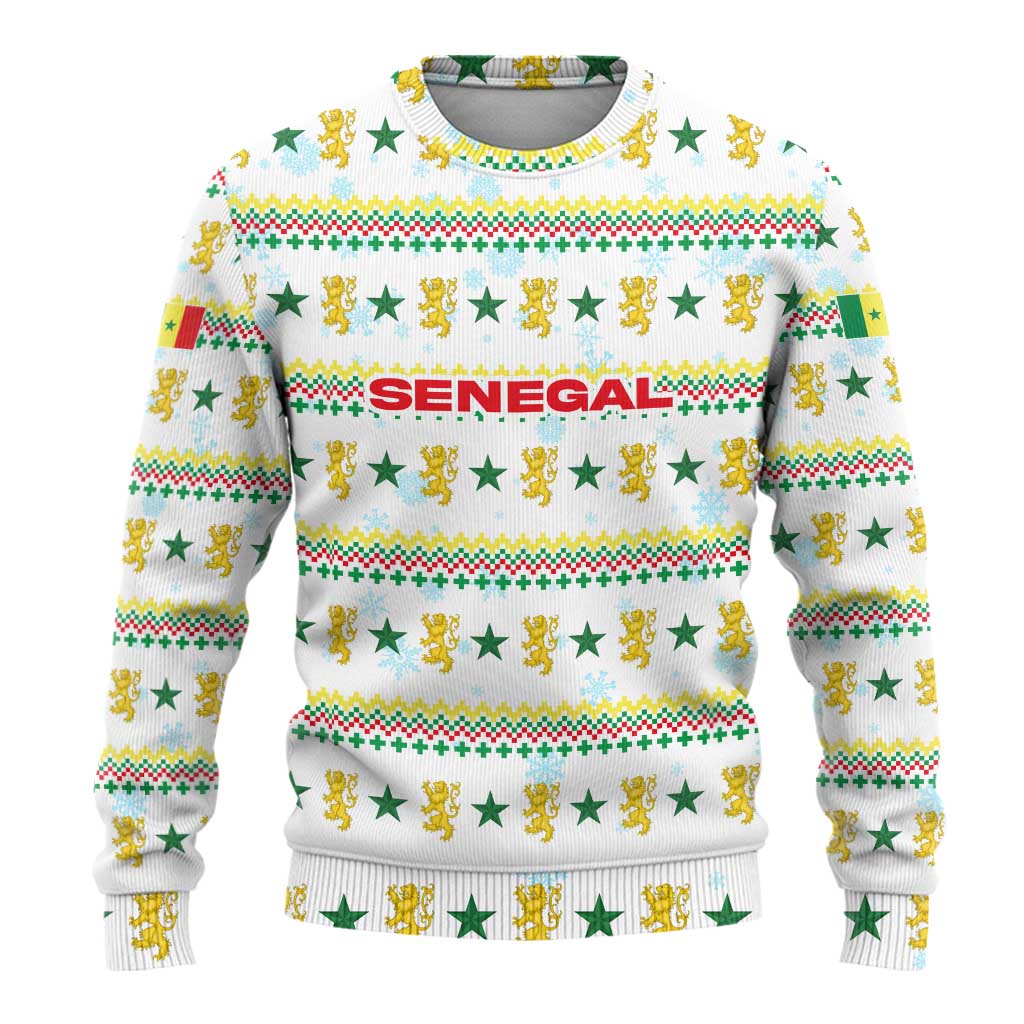 Senegal Christmas Ugly Christmas Sweater with White-Green-Yellow Design, Golden Lion, and Festive Stars Motif - Wonder Print Shop
