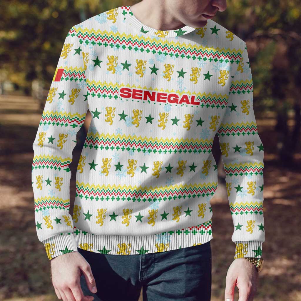 Senegal Christmas Ugly Christmas Sweater with White-Green-Yellow Design, Golden Lion, and Festive Stars Motif - Wonder Print Shop