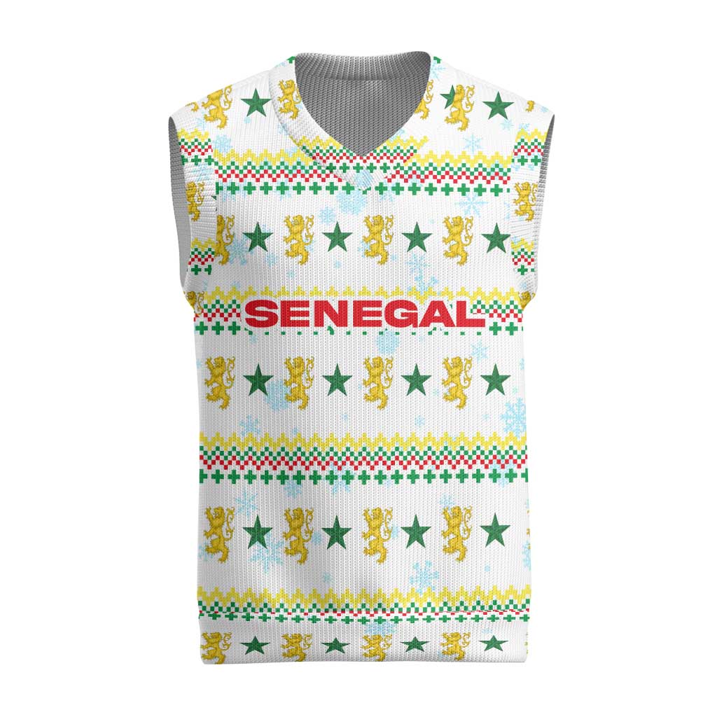 Senegal Christmas Knitted V-Neck Vest with White-Green-Yellow Design, Golden Lion, and Festive Stars Motif - Wonder Print Shop