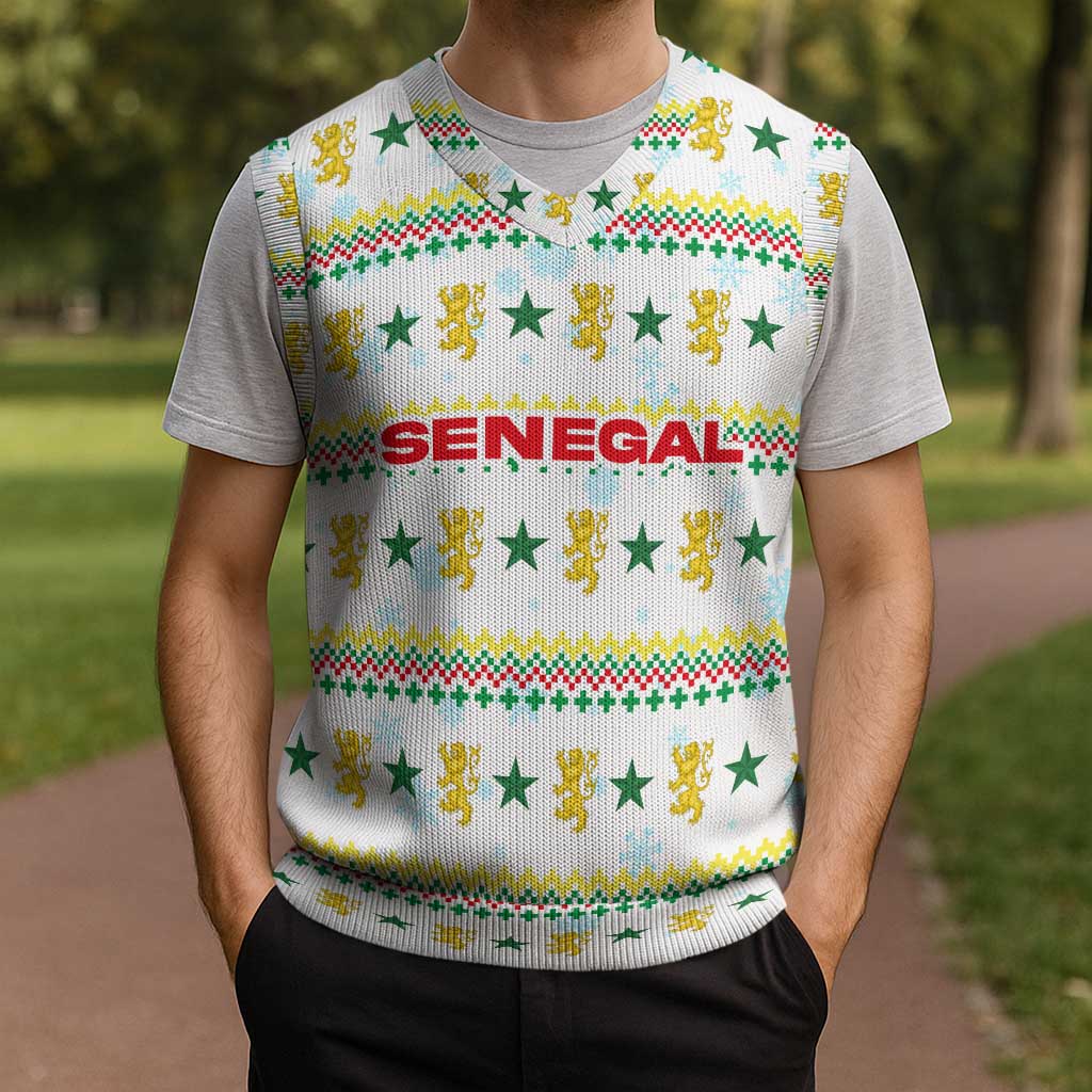 Senegal Christmas Knitted V-Neck Vest with White-Green-Yellow Design, Golden Lion, and Festive Stars Motif - Wonder Print Shop