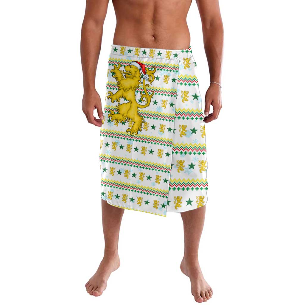 Senegal Christmas Lavalava with White-Green-Yellow Design, Golden Lion, and Festive Stars Motif - Wonder Print Shop