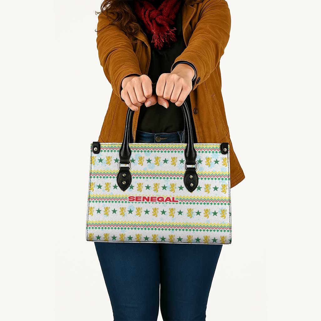 Senegal Christmas Leather Bag with White-Green-Yellow Design, Golden Lion, and Festive Stars Motif - Wonder Print Shop