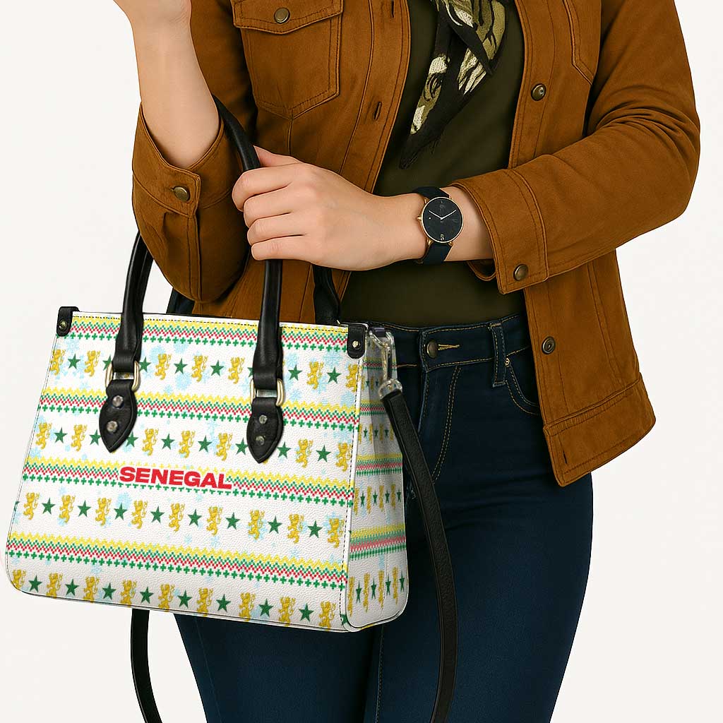 Senegal Christmas Leather Bag with White-Green-Yellow Design, Golden Lion, and Festive Stars Motif - Wonder Print Shop