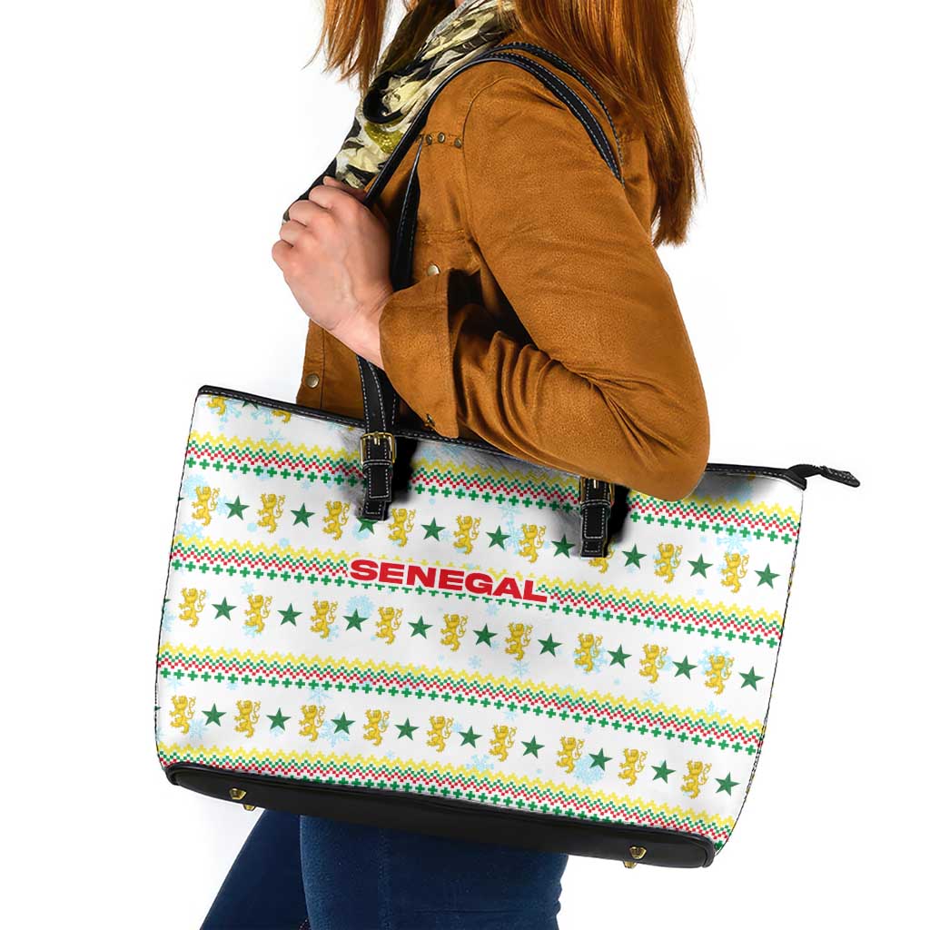 Senegal Christmas Leather Tote Bag with White-Green-Yellow Design, Golden Lion, and Festive Stars Motif - Wonder Print Shop