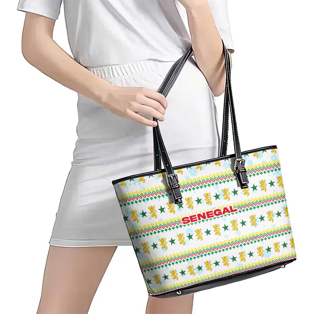 Senegal Christmas Leather Tote Bag with White-Green-Yellow Design, Golden Lion, and Festive Stars Motif - Wonder Print Shop