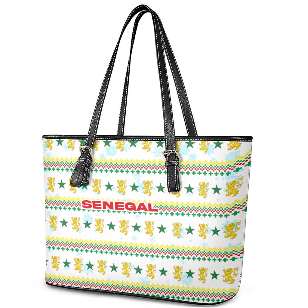 Senegal Christmas Leather Tote Bag with White-Green-Yellow Design, Golden Lion, and Festive Stars Motif - Wonder Print Shop