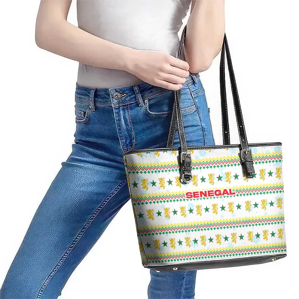 Senegal Christmas Leather Tote Bag with White-Green-Yellow Design, Golden Lion, and Festive Stars Motif - Wonder Print Shop