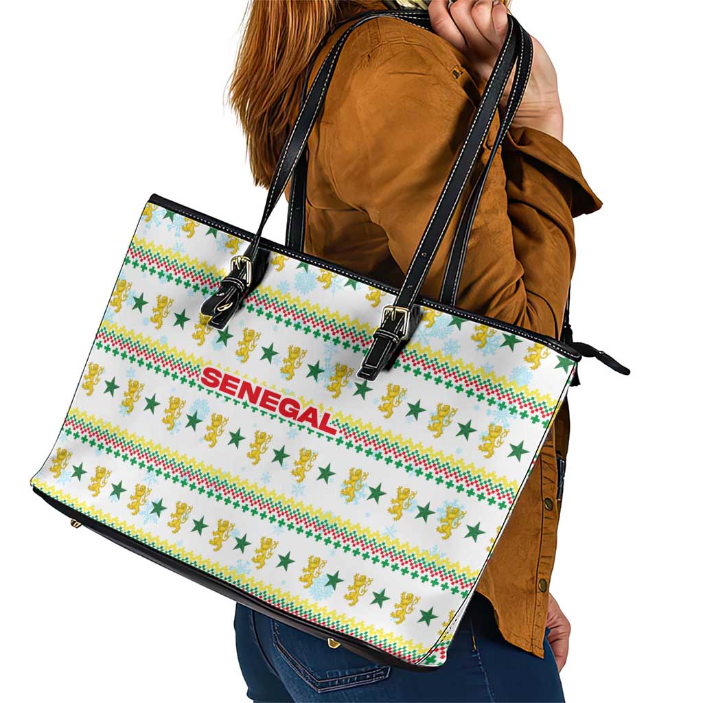 Senegal Christmas Leather Tote Bag with White-Green-Yellow Design, Golden Lion, and Festive Stars Motif - Wonder Print Shop