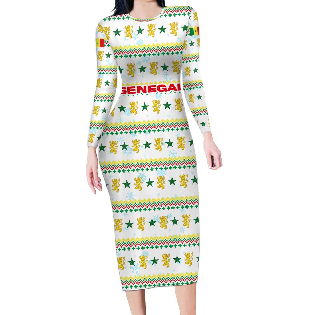 Senegal Christmas Long Sleeve Bodycon Dress with White-Green-Yellow Design, Golden Lion, and Festive Stars Motif - Wonder Print Shop