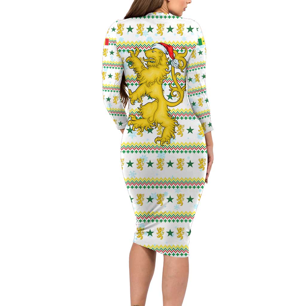 Senegal Christmas Long Sleeve Bodycon Dress with White-Green-Yellow Design, Golden Lion, and Festive Stars Motif - Wonder Print Shop