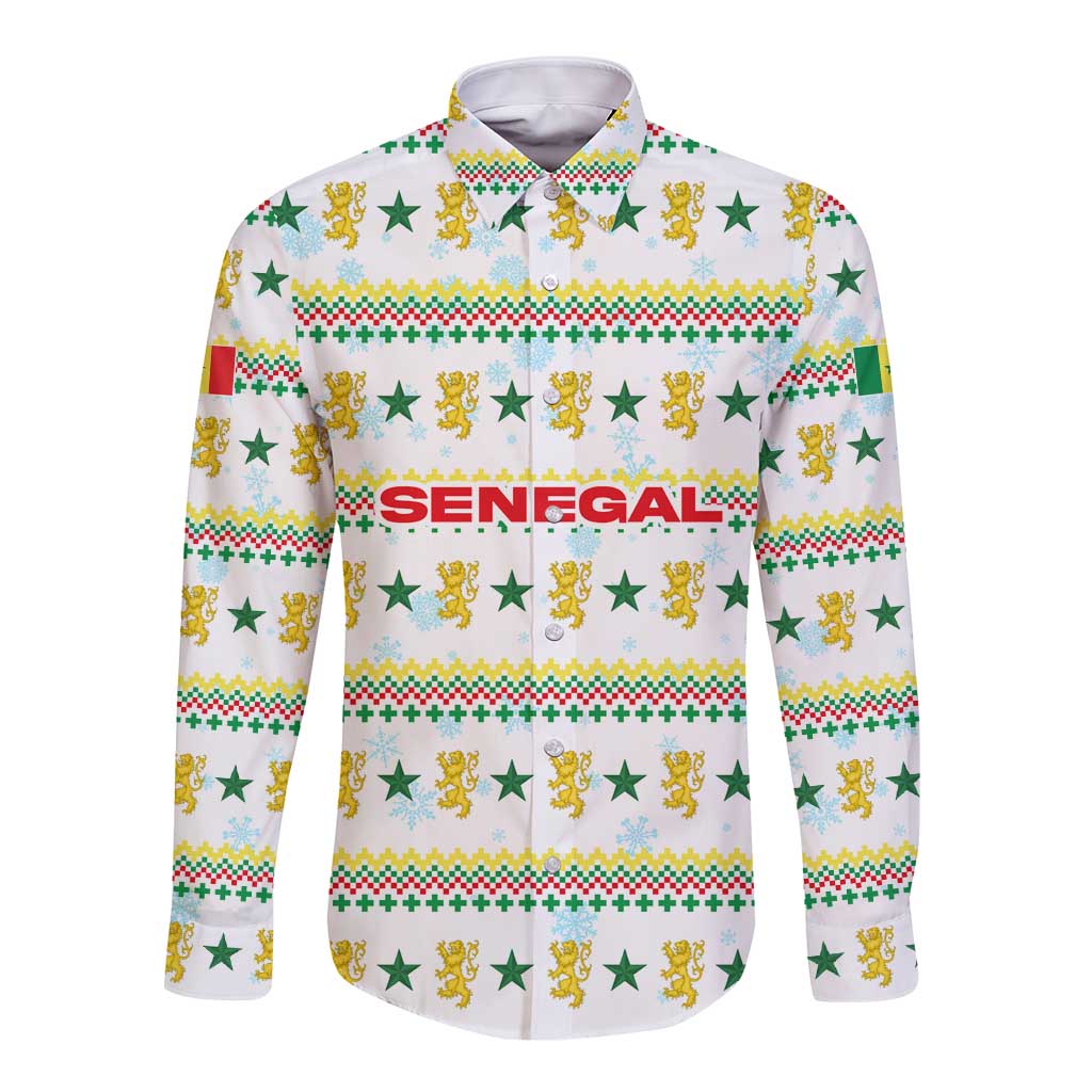 Senegal Christmas Long Sleeve Button Shirt with White-Green-Yellow Design, Golden Lion, and Festive Stars Motif - Wonder Print Shop