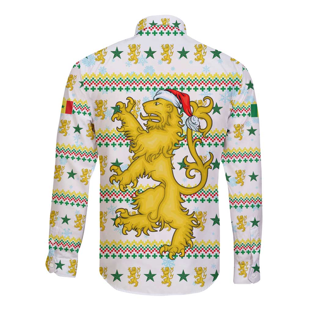 Senegal Christmas Long Sleeve Button Shirt with White-Green-Yellow Design, Golden Lion, and Festive Stars Motif - Wonder Print Shop
