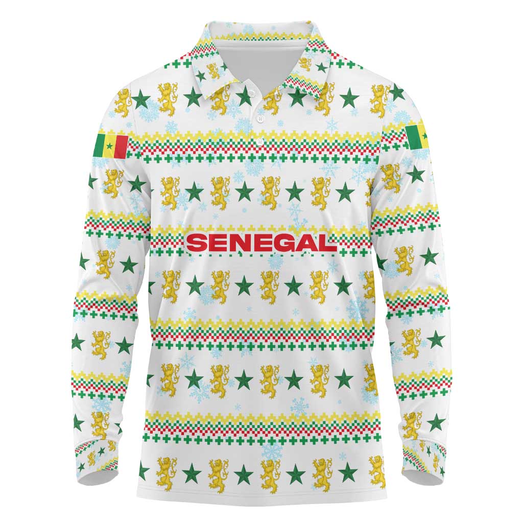 Senegal Christmas Long Sleeve Polo Shirt with White-Green-Yellow Design, Golden Lion, and Festive Stars Motif - Wonder Print Shop