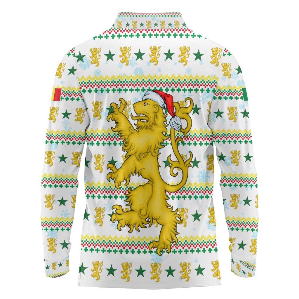 Senegal Christmas Long Sleeve Polo Shirt with White-Green-Yellow Design, Golden Lion, and Festive Stars Motif - Wonder Print Shop