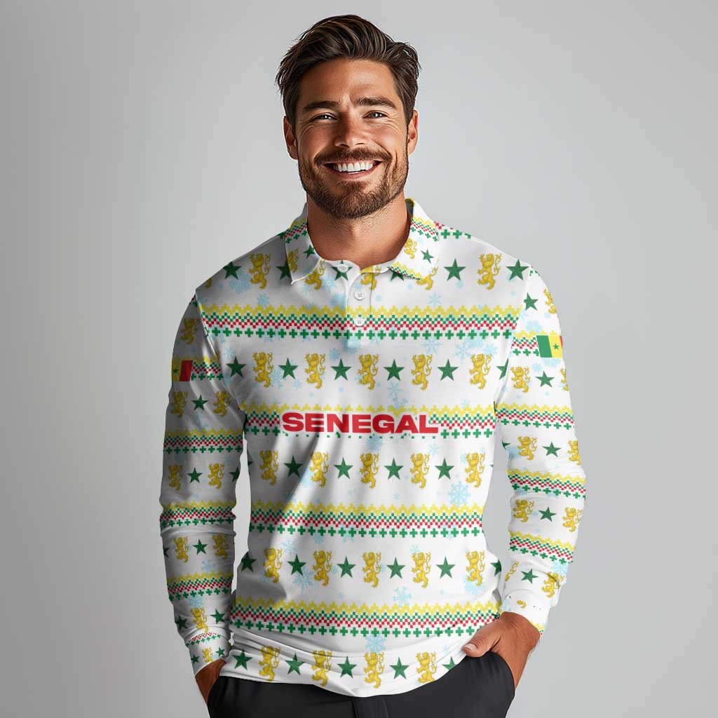 Senegal Christmas Long Sleeve Polo Shirt with White-Green-Yellow Design, Golden Lion, and Festive Stars Motif - Wonder Print Shop