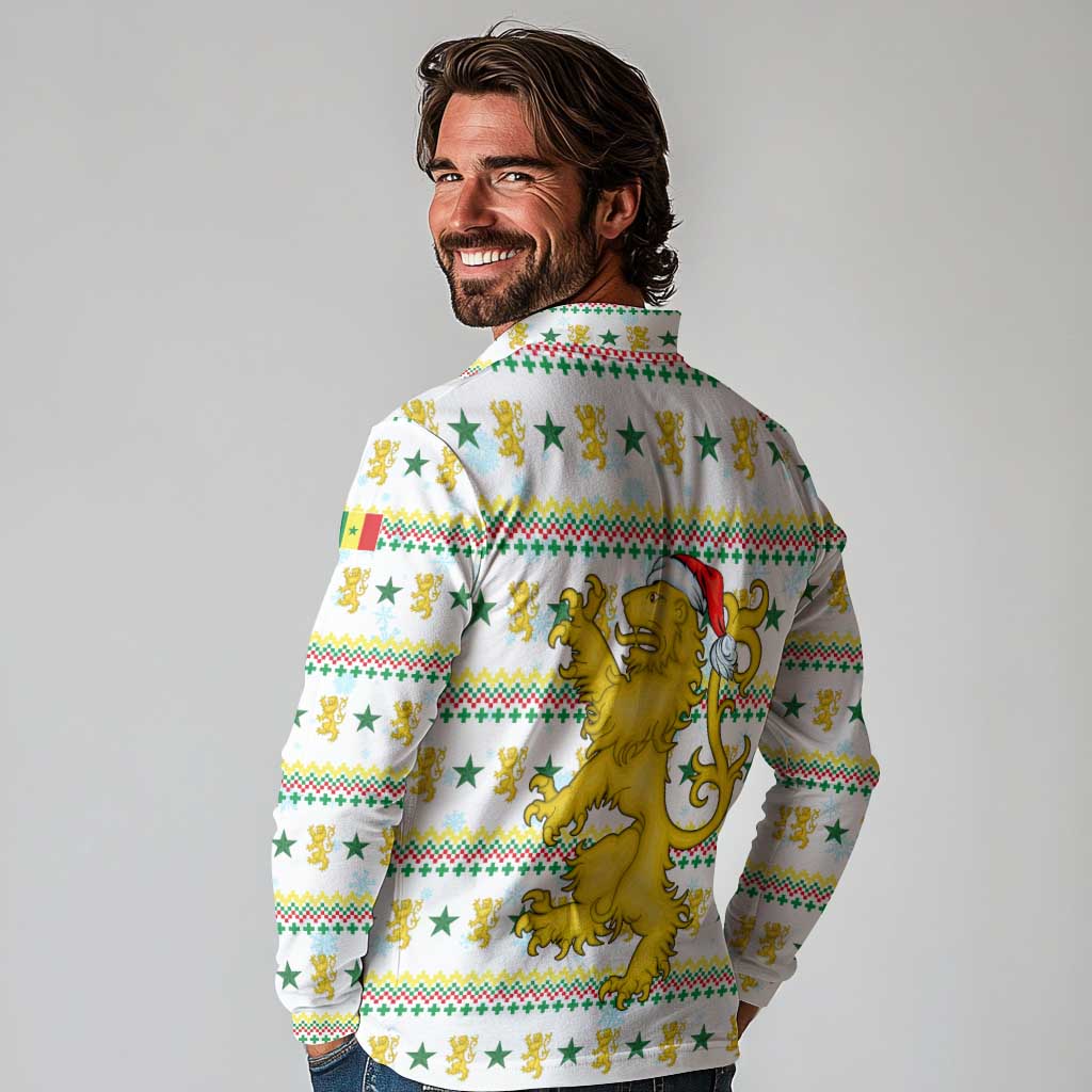 Senegal Christmas Long Sleeve Polo Shirt with White-Green-Yellow Design, Golden Lion, and Festive Stars Motif - Wonder Print Shop