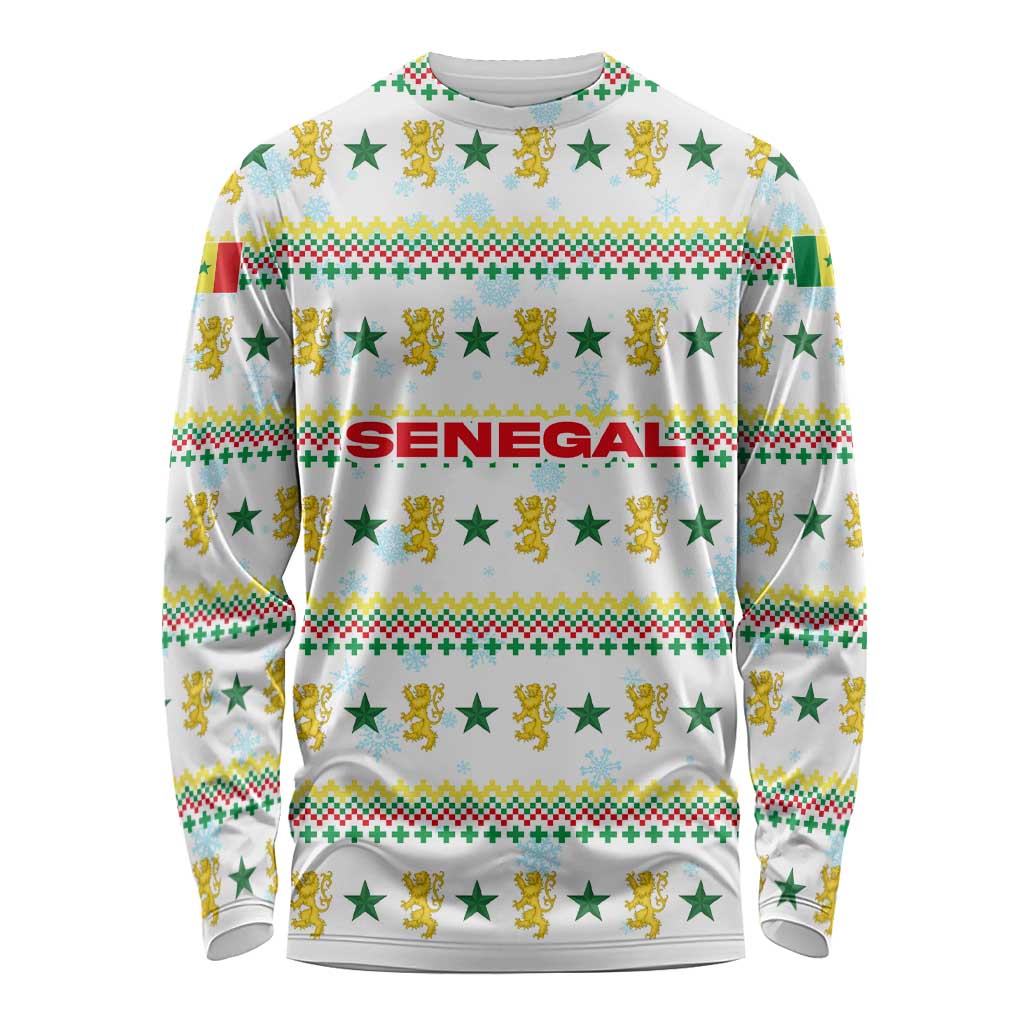 Senegal Christmas Long Sleeve Shirt with White-Green-Yellow Design, Golden Lion, and Festive Stars Motif - Wonder Print Shop