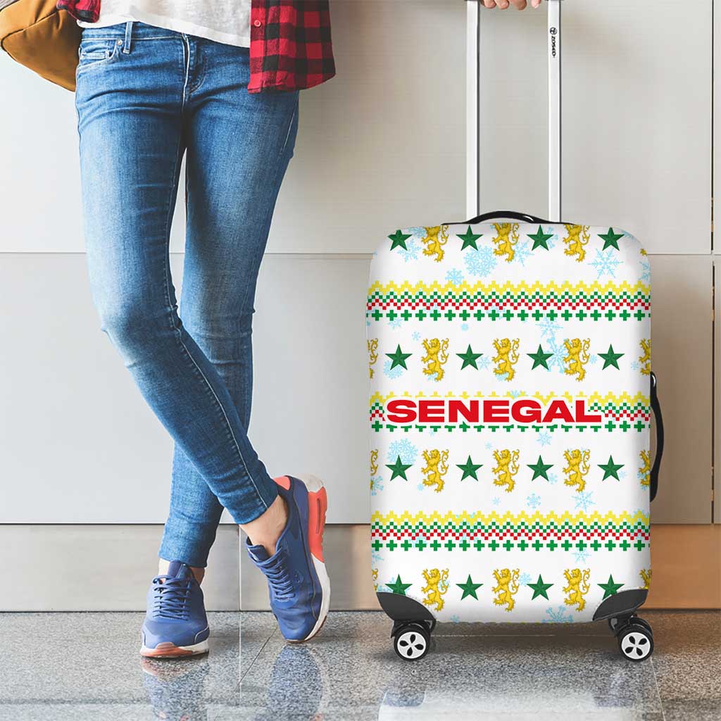 Senegal Christmas Luggage Cover with White-Green-Yellow Design, Golden Lion, and Festive Stars Motif - Wonder Print Shop