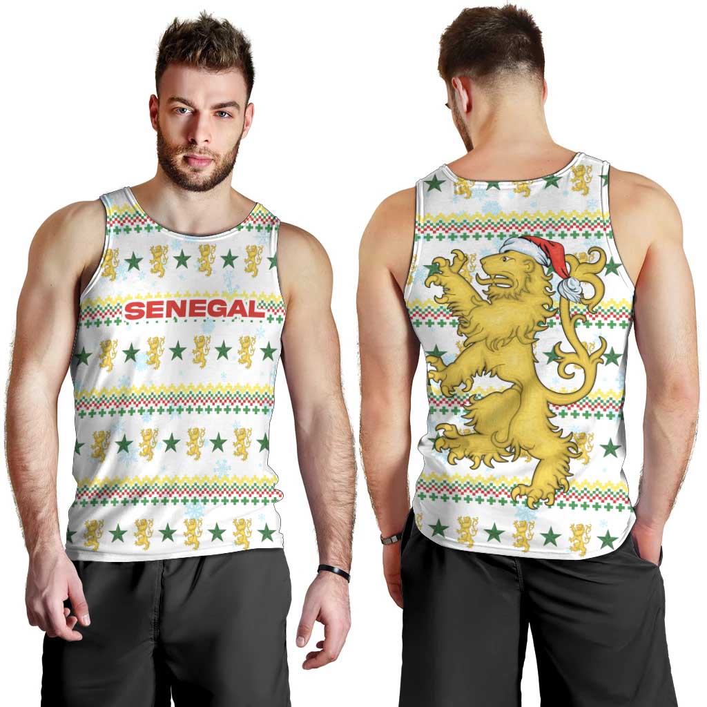 Senegal Christmas Men Tank Top with White-Green-Yellow Design, Golden Lion, and Festive Stars Motif - Wonder Print Shop