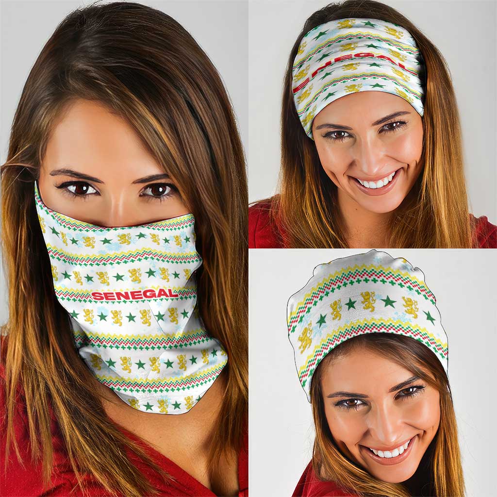 Senegal Christmas Neck Gaiter with White-Green-Yellow Design, Golden Lion, and Festive Stars Motif - Wonder Print Shop
