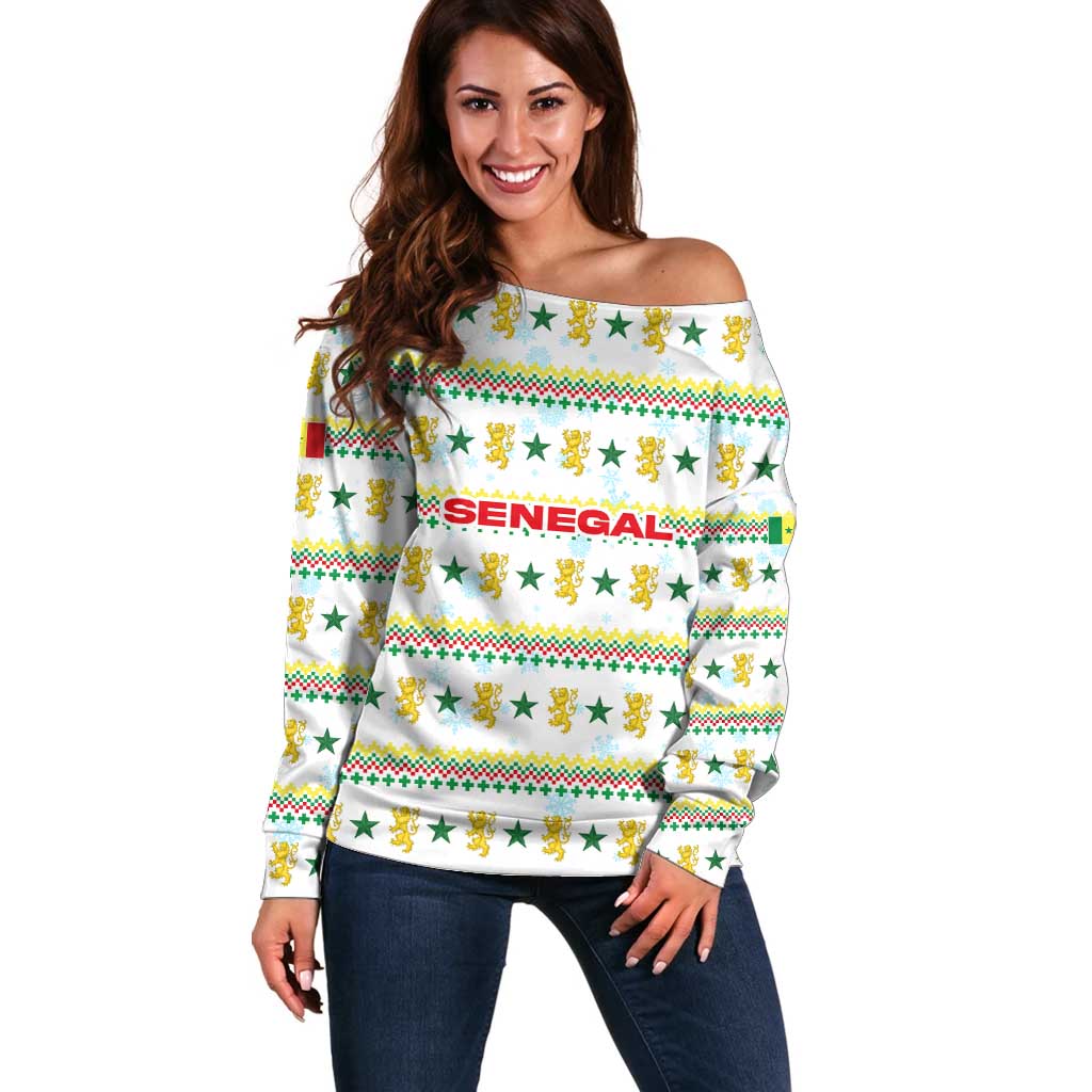 Senegal Christmas Off Shoulder Sweater with White-Green-Yellow Design, Golden Lion, and Festive Stars Motif - Wonder Print Shop