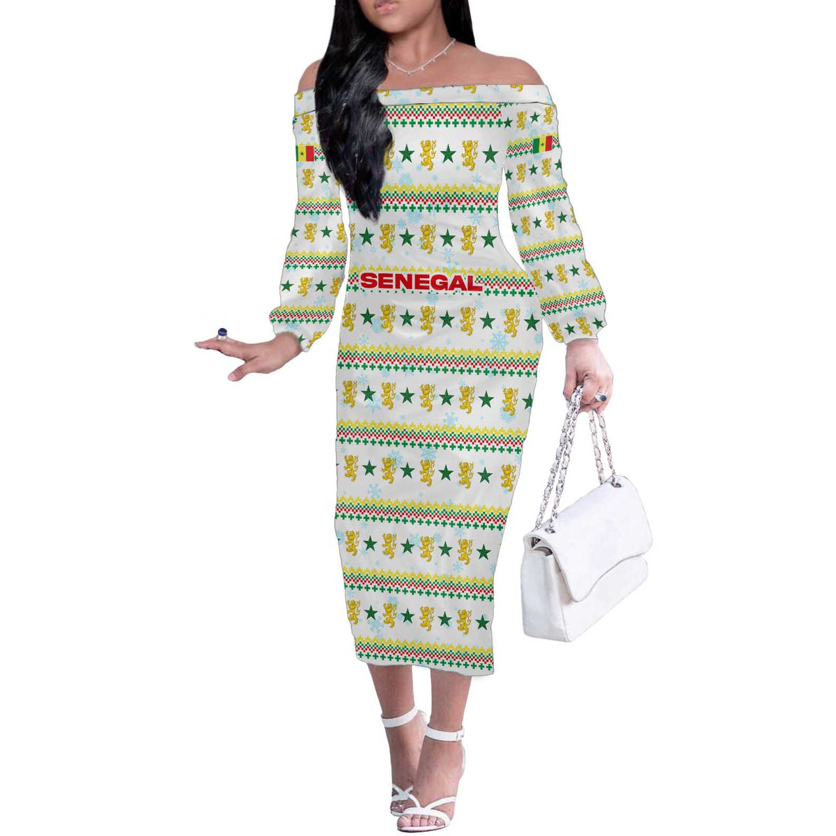 Senegal Christmas Off The Shoulder Long Sleeve Dress with White-Green-Yellow Design, Golden Lion, and Festive Stars Motif - Wonder Print Shop