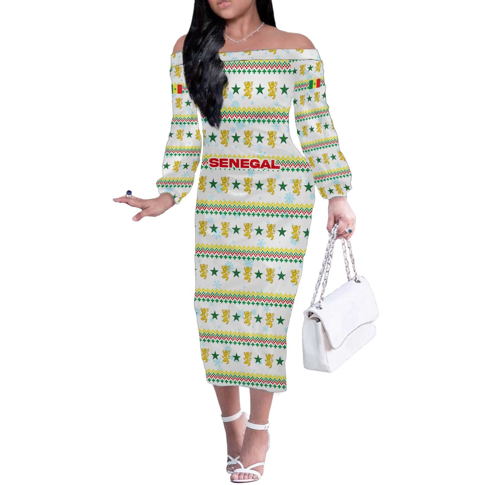 Senegal Christmas Off The Shoulder Long Sleeve Dress with White-Green-Yellow Design, Golden Lion, and Festive Stars Motif - Wonder Print Shop
