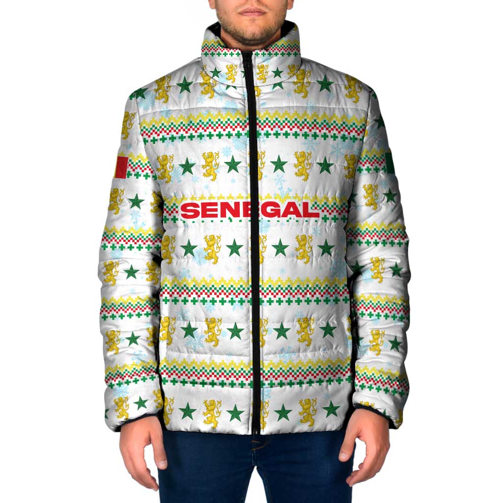 Senegal Christmas Padded Jacket with White-Green-Yellow Design, Golden Lion, and Festive Stars Motif - Wonder Print Shop