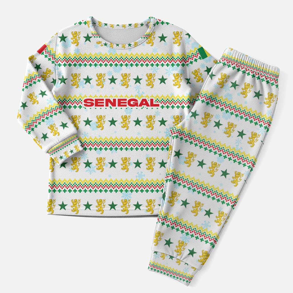 Senegal Christmas Pajama Set with White-Green-Yellow Design, Golden Lion, and Festive Stars Motif - Wonder Print Shop
