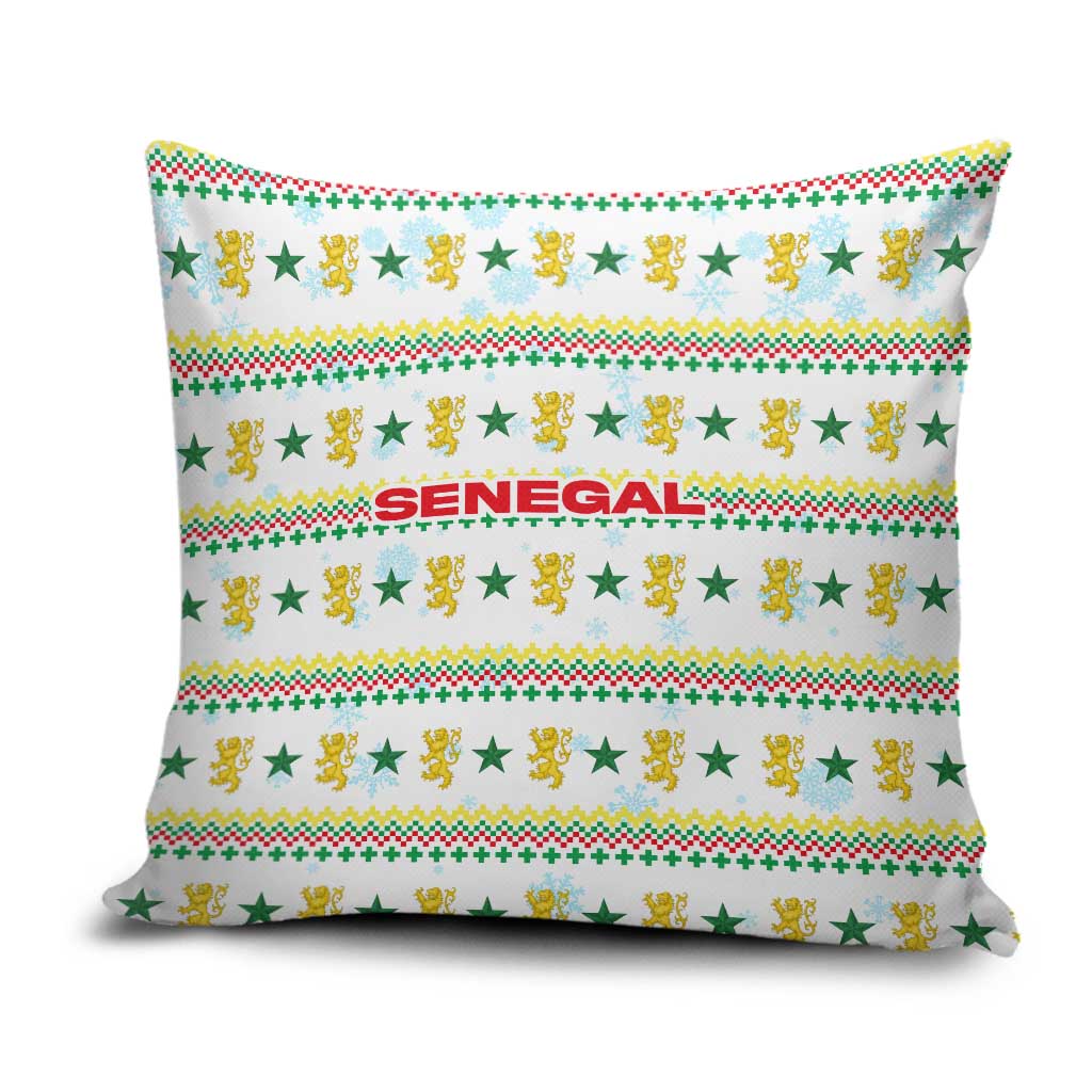 Senegal Christmas Pillow Cover with White-Green-Yellow Design, Golden Lion, and Festive Stars Motif - Wonder Print Shop