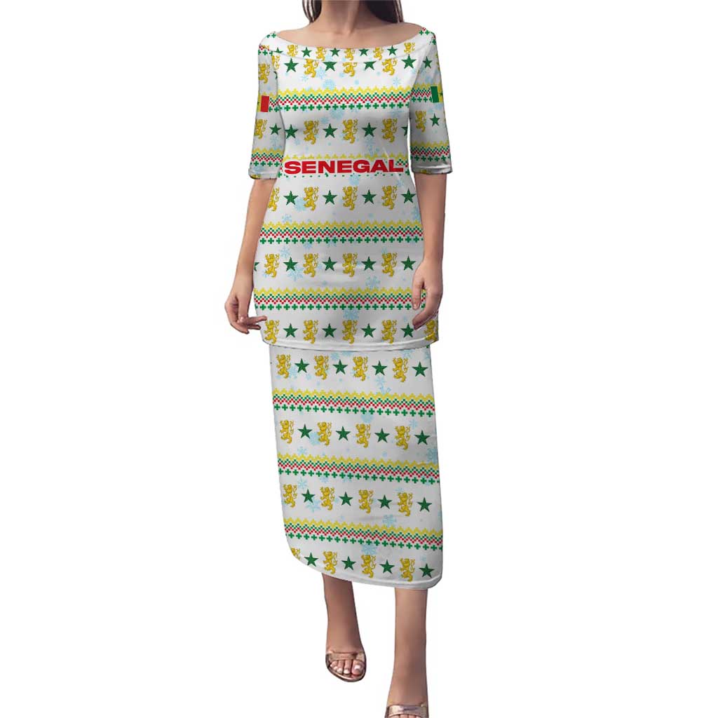 Senegal Christmas Puletasi with White-Green-Yellow Design, Golden Lion, and Festive Stars Motif - Wonder Print Shop