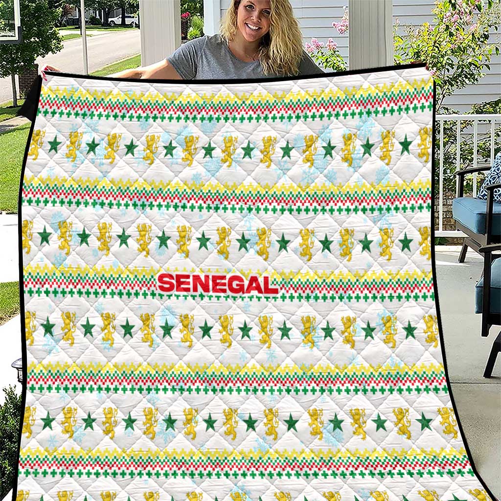 Senegal Christmas Quilt with White-Green-Yellow Design, Golden Lion, and Festive Stars Motif - Wonder Print Shop