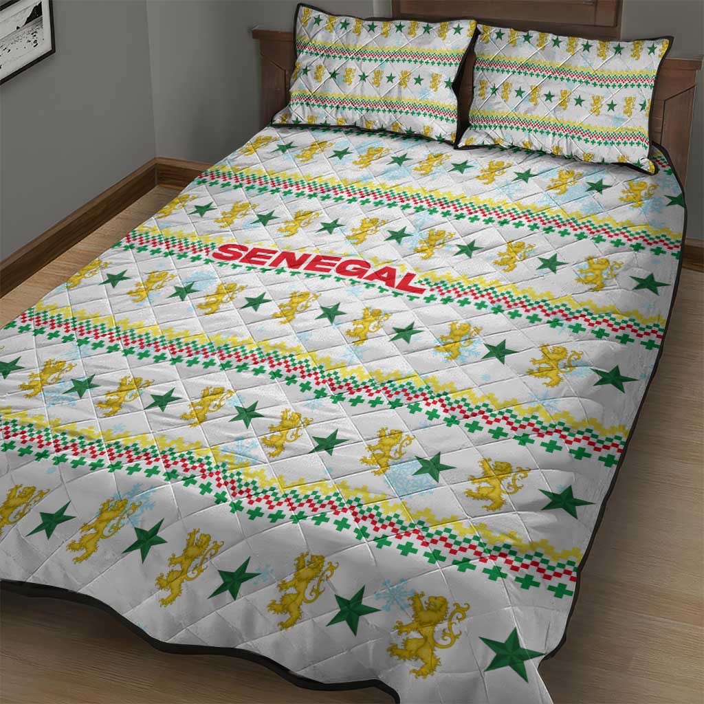 Senegal Christmas Quilt Bed Set with White-Green-Yellow Design, Golden Lion, and Festive Stars Motif - Wonder Print Shop