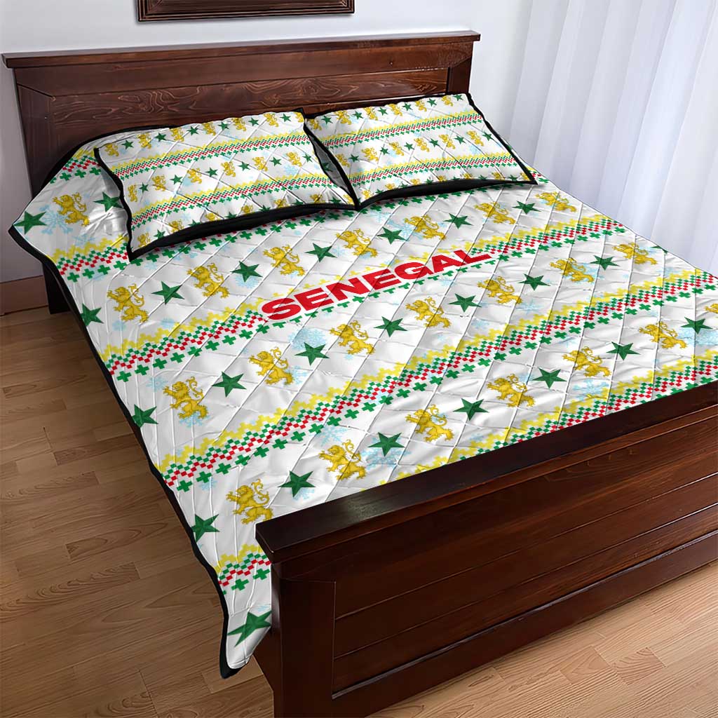 Senegal Christmas Quilt Bed Set with White-Green-Yellow Design, Golden Lion, and Festive Stars Motif - Wonder Print Shop