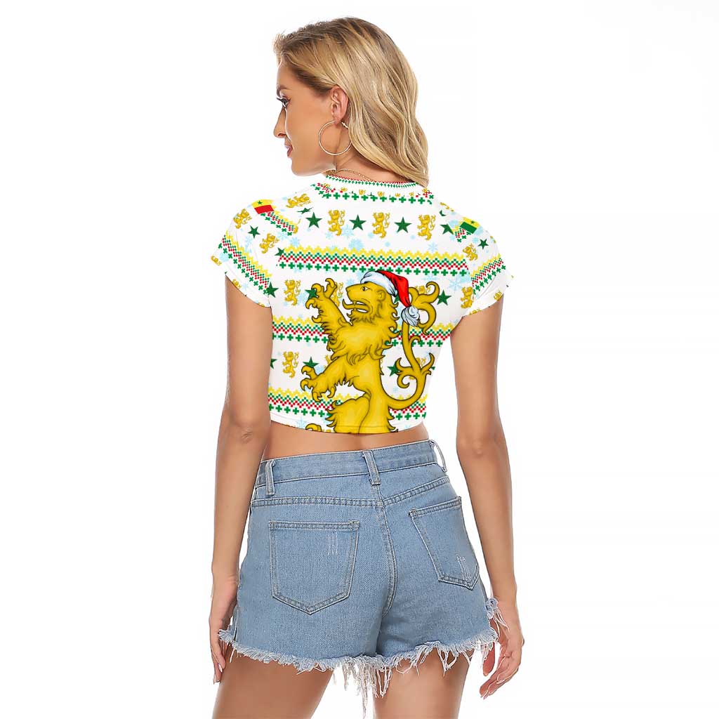 Senegal Christmas Raglan Cropped T Shirt with White-Green-Yellow Design, Golden Lion, and Festive Stars Motif - Wonder Print Shop